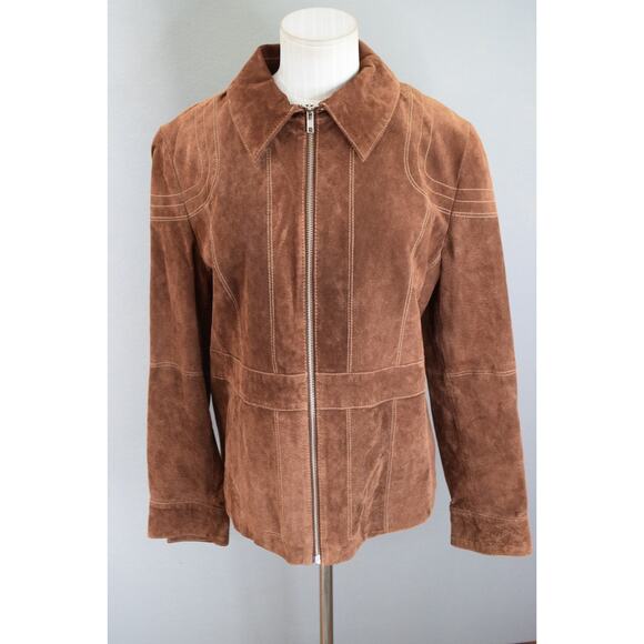 Vtg Wilsons Women Brown Suede Leather Coat Jacket Large 90's Zip Contrast Penny - Picture 1 of 7